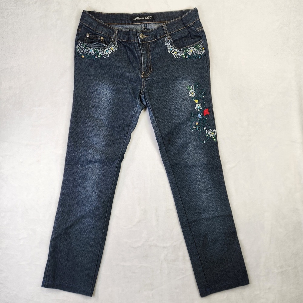 Jeans D Womens Dark Wash Floral Embroidered Beaded Y2K Jeans Size 11 Indigo